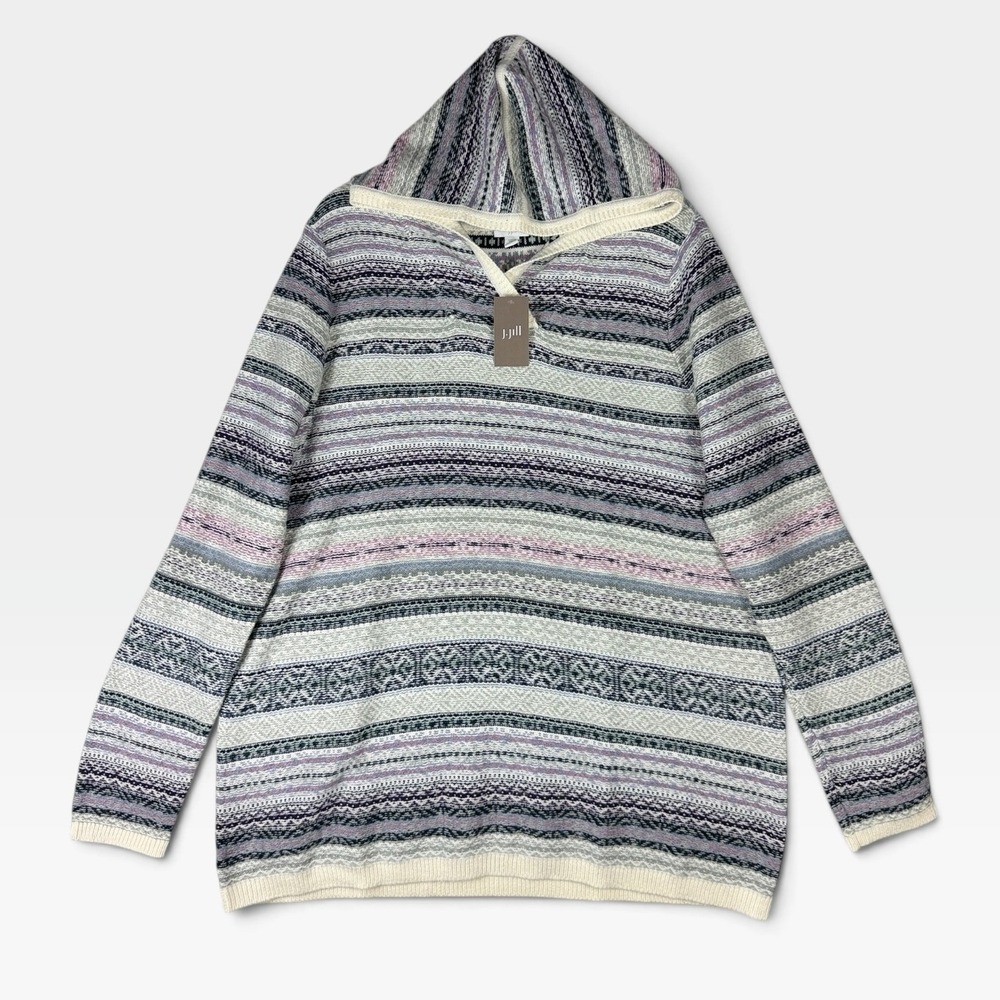 J. Jill Sweater Hoodie Fair Isle Tall L Cream Multi Striped Knit NWT